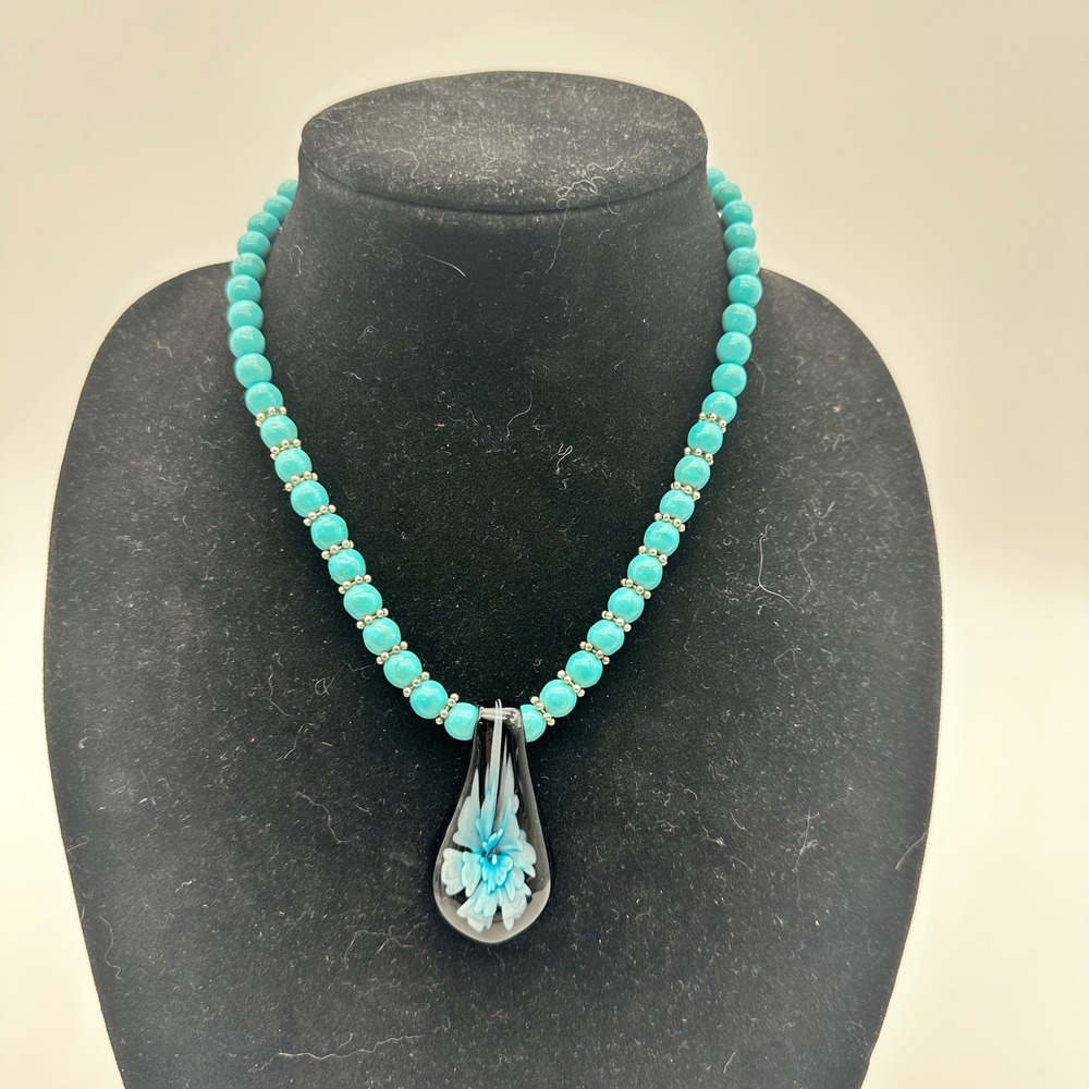 Necklace with Art Glass Pendant and Turquoise‎ Beads